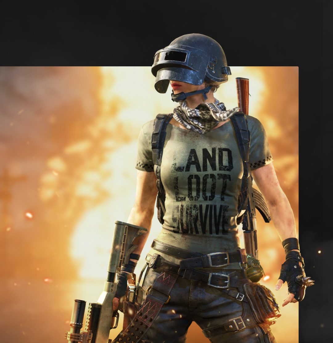 A female game characters is standing in the middle of smoke and sparks, looking right while holding a weapon.